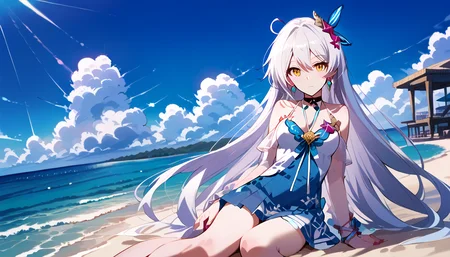 score_8_up,score_7_up,score_6_up,score_9,score_8_up,score_7,masterpiece,best quality,source_anime,blush,<lora:pony卿¼«ç»é£äºAmaiAnimePony:0.8>,<lora:Expressive_H:1>, <lora:quanzhijingling_pony:0.8>,1girl,long hair,solo,bangs,kiana kaslana,white hair,hair ornament,yellow eyes,bare shoulders,hair between eyes,dress,jewelry,breasts,earrings,very long hair,choker,ahoge,sundress,shell hair ornament antenna hair,blue dress,sandals,beach,sea,ocean,