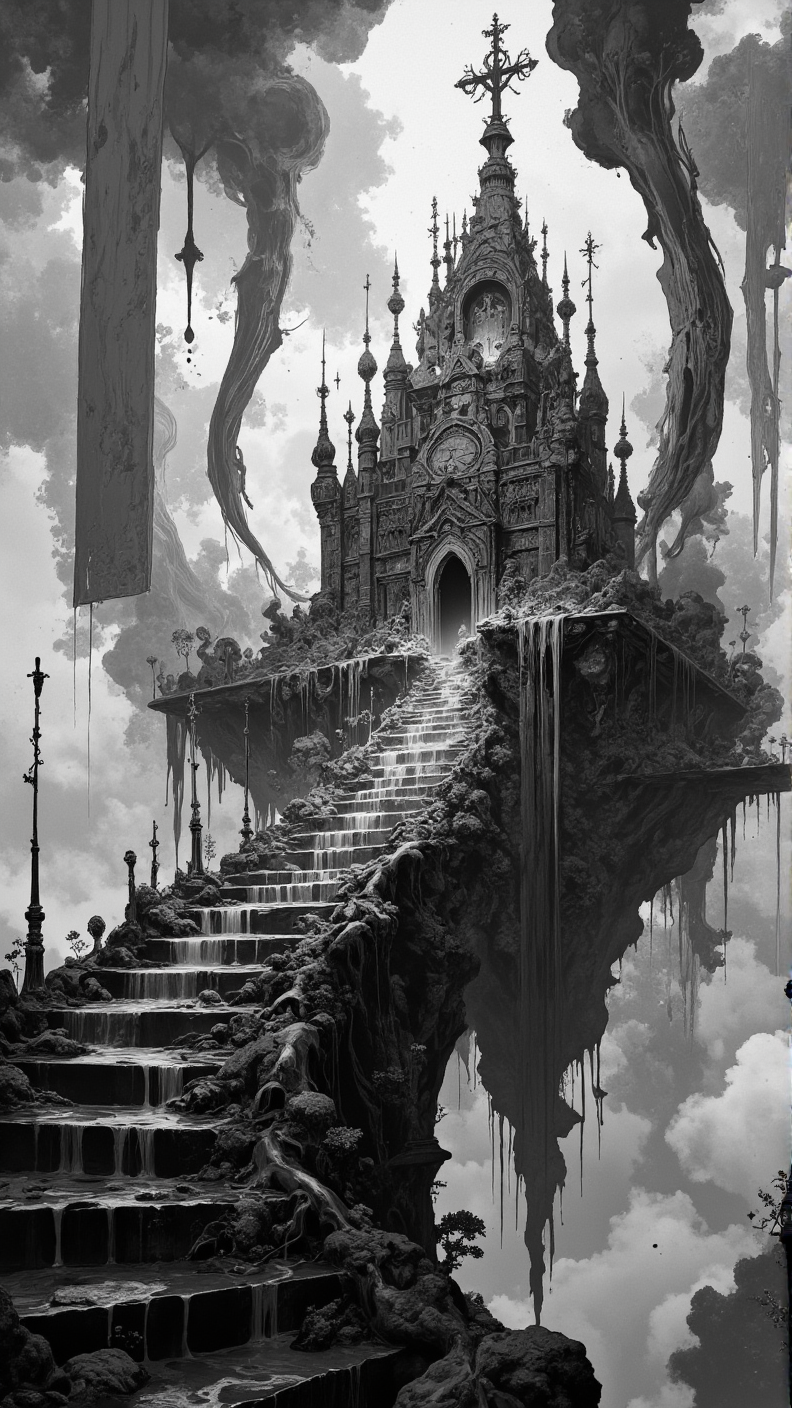 9:16 portrait â a temple made of mercury droplets stands suspended in midair, surrounded by flowing banners made of smoke and ink. Beneath it, a staircase of skeletal leaves descends into chromatic fog. Arcane liquid architecture, sacred surreal ascent, flowing monochrome myth. <lora:RM_Artistify_v1.0M:0.8000000000000002> <lora:Defluxion_II:0.6000000000000001>