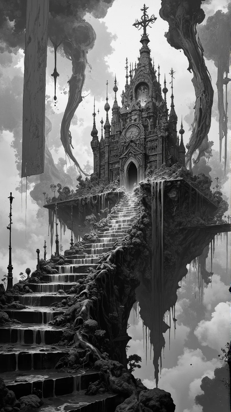 9:16 portrait â a temple made of mercury droplets stands suspended in midair, surrounded by flowing banners made of smoke and ink. Beneath it, a staircase of skeletal leaves descends into chromatic fog. Arcane liquid architecture, sacred surreal ascent, flowing monochrome myth. <lora:RM_Artistify_v1.0M:0.8000000000000002> <lora:Defluxion_II:0.6000000000000001>