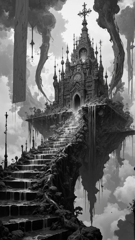 9:16 portrait â a temple made of mercury droplets stands suspended in midair, surrounded by flowing banners made of smoke and ink. Beneath it, a staircase of skeletal leaves descends into chromatic fog. Arcane liquid architecture, sacred surreal ascent, flowing monochrome myth. <lora:RM_Artistify_v1.0M:0.8000000000000002> <lora:Defluxion_II:0.6000000000000001>