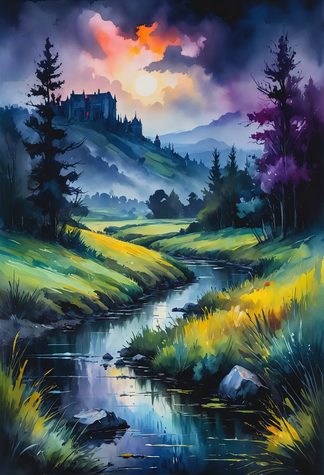 Magic, dark and moody landscape, in Gouache Style, Watercolor, Museum Epic Impressionist Maximalist Masterpiece, Thick Brush Strokes, Impasto Gouache, thick layers of gouache watercolors textured on Canvas, 8k Resolution, Matte Painting