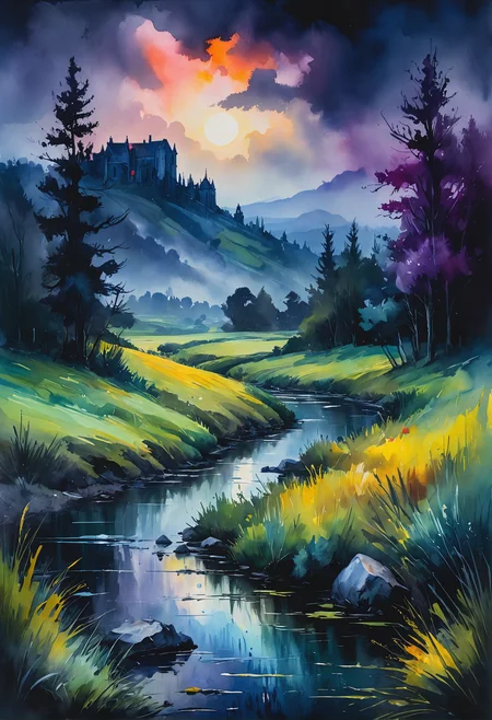 Magic, dark and moody landscape, in Gouache Style, Watercolor, Museum Epic Impressionist Maximalist Masterpiece, Thick Brush Strokes, Impasto Gouache, thick layers of gouache watercolors textured on Canvas, 8k Resolution, Matte Painting