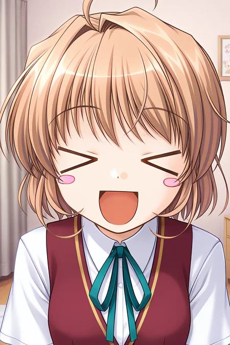 masterpiece, best quality, absurdres, official art, official style, rating general BREAK <lora:yuukikanade_IL_v1-1:0.7>, yuuki kanade, 1girl, solo, ahoge, light brown hair, short hair, hair intakes, small breasts, no headwear, school uniform, summer uniform, red vest, collared shirt, short sleeves, neck ribbon, aqua ribbon, indoors, bedroom, portrait, upper body, close-up,
blush stickers, > <, closed eyes, open mouth, xd