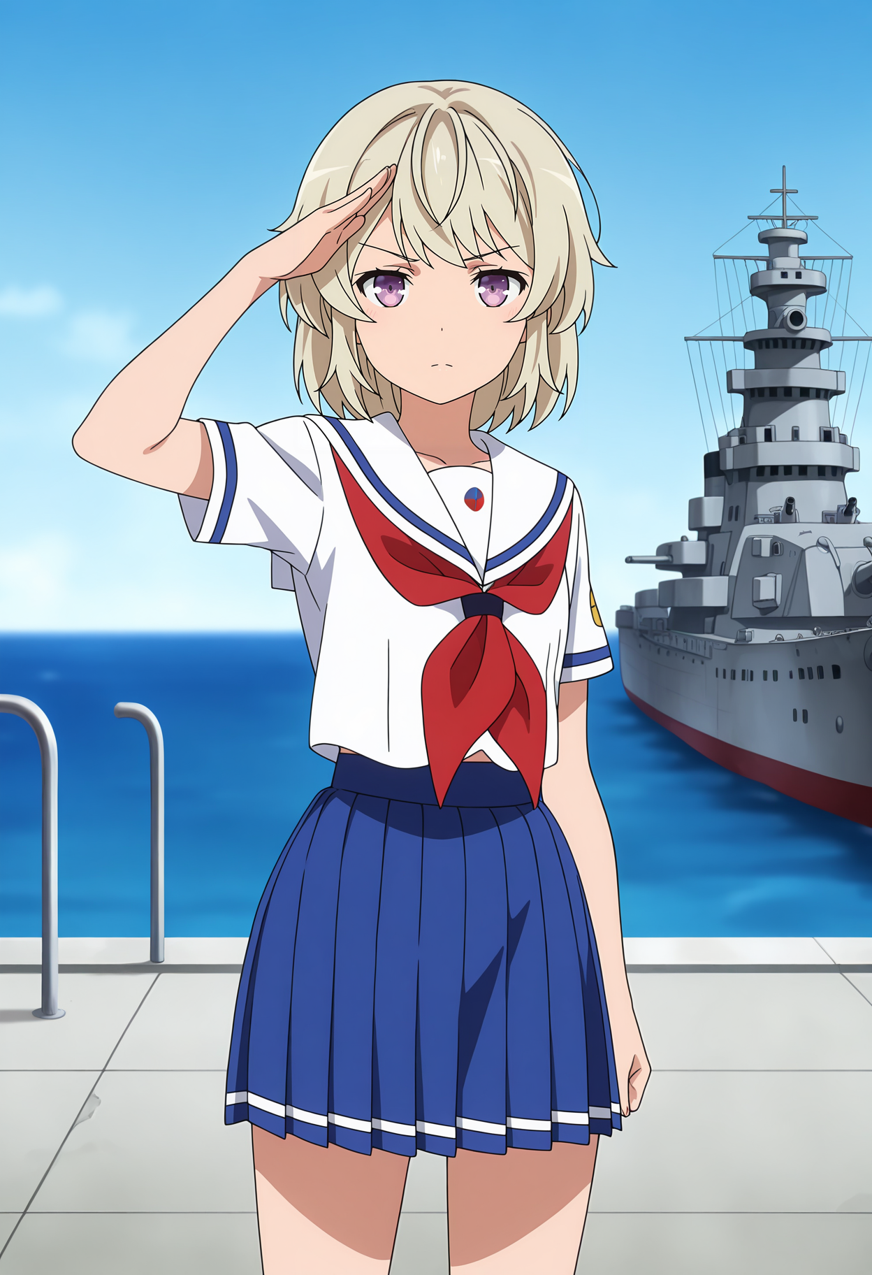 anime screencap, masterpiece, best quality,
<lora:HighSchoolFleet_TateishiShima_IlluXL:0.9>,
1girl, solo, serious,
short hair, blonde hair, purple eyes,
white sailor collar, white shirt, red neckerchief, short sleeves, pleated skirt, blue skirt,
salute, standing, looking at viewer, cowboy shot, legs,
horizon, dock, outdoors, battleship, warship, blue sky, blurry background