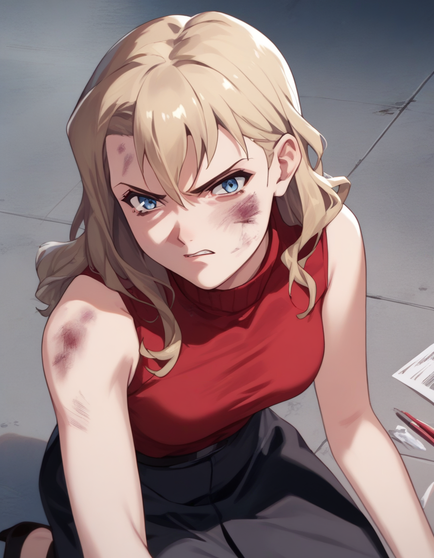 score_9, score_8_up, score_7_up, score_6_up, score_5_up, score_4_up
<lora:noir-2x-ponyxl-000016:1>
nwrmir, blonde hair, sleeveless turtleneck, red shirt, black skirt,
1girl, solo, (bruise on face:0.6), grimace, glaring, on floor, office
