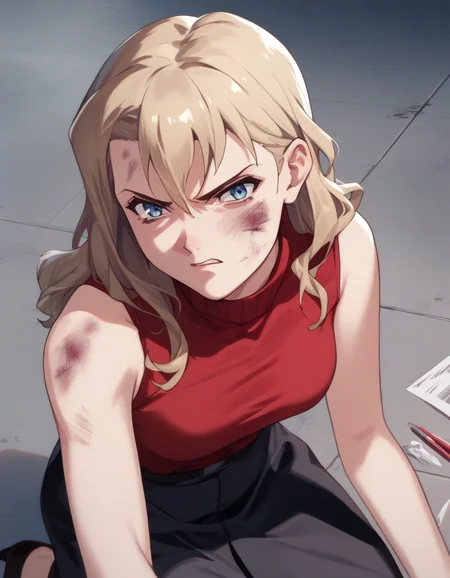 score_9, score_8_up, score_7_up, score_6_up, score_5_up, score_4_up
<lora:noir-2x-ponyxl-000016:1>
nwrmir, blonde hair, sleeveless turtleneck, red shirt, black skirt,
1girl, solo, (bruise on face:0.6), grimace, glaring, on floor, office