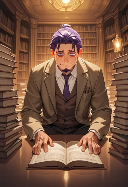 1boy, mbti_intp, mature man, purple eyes, droopy eyes, eye bags, tied hair, goatee, sitting in a vintage library, surrounded by stacks of books, wearing a tweed jacket, reading a weathered tome, a slight, knowing smile, warm lamplight, rich wood tones, scholarly atmosphere, aesthetically pleasing details