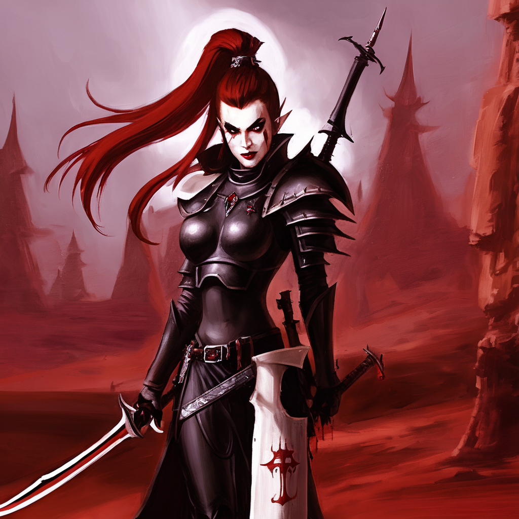 <lora:aeldari_xl_5:1>aeldari, drukhari, standart drukhari, 1girl, solo, long hair, smile, hair ornament, ponytail, weapon, red hair, pointy ears, sword, hand on hip, blood, makeup, knife, lipstick, shoulder armor, pauldrons, breastplate, blood on face, dagger, blood on weapon, armor, drukhari's armor