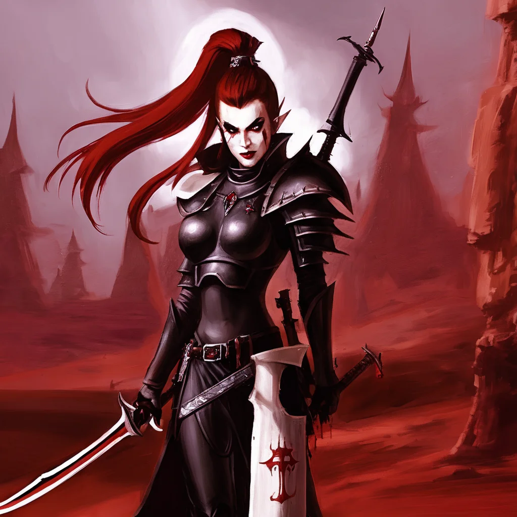 <lora:aeldari_xl_5:1>aeldari, drukhari, standart drukhari, 1girl, solo, long hair, smile, hair ornament, ponytail, weapon, red hair, pointy ears, sword, hand on hip, blood, makeup, knife, lipstick, shoulder armor, pauldrons, breastplate, blood on face, dagger, blood on weapon, armor, drukhari's armor