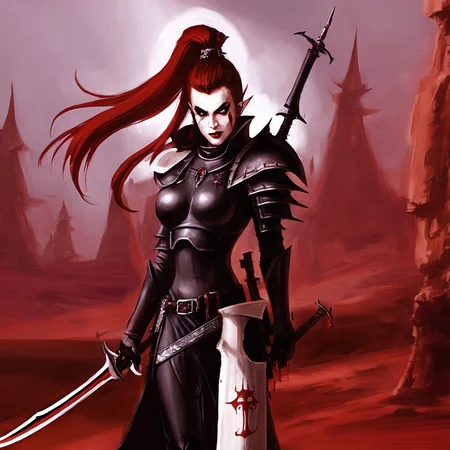 <lora:aeldari_xl_5:1>aeldari, drukhari, standart drukhari, 1girl, solo, long hair, smile, hair ornament, ponytail, weapon, red hair, pointy ears, sword, hand on hip, blood, makeup, knife, lipstick, shoulder armor, pauldrons, breastplate, blood on face, dagger, blood on weapon, armor, drukhari's armor