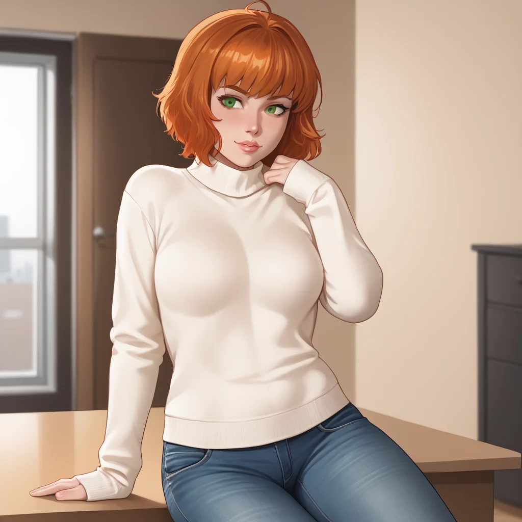 <lora:jeangreymarvelnow_pony_v1:1>jeangreymarvelnow, 1girl, short hair, orange hair, green eyes, breasts, sweater, jeans