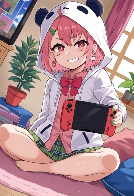 source_anime, rating_safe, BREAK <lora:sakuSasaki_XL-Pony_LoRA-C3Lier_16-16-8-8_AdamW_Un3e-4_Te1.5e-4_10batch:1>, sasaki saku, 1girl, virtual youtuber, pink hair, multicolored hair, short hair, ahoge, pink eyes, green nails, mole under eye, hairclip, earrings, animal hood, panda hood, hood up, two-tone jacket, white jacket, black sleeves, long sleeves, collared shirt, pink shirt, red bowtie, plaid skirt, green skirt, sitting, grin, nintendo switch, playing games, looking at viewer, facing viewer, dutch angle, light particles, carpet, cushion, television, potted plant, window, window shade, curtains, blue sky, cloud, sunlight