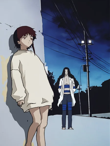 score_9, source_anime, uncensored, <lora:Masami Eiri_PDXLv0.5:0.8> iwakura_lain_\(sel\), 1girl, oversized tan shirt ADDCOL masami eiri \(sel\), 1boy, full body, outdoors, utility pole, dark sky,