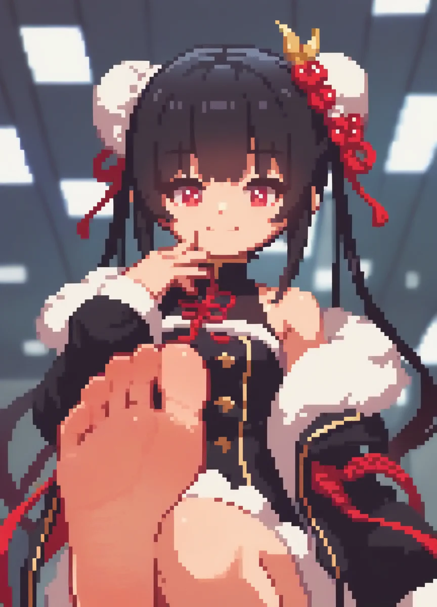 1girl,solo,red eyes,black hair,long hair,looking at viewer,smile,fur trim,hair bun,bare shoulders,hair ornament,bangs,off shoulder,double bun,closed mouth,jacket,twintails,sleeveless,hand up,blurry,sidelocks,black jacket,long sleeves,from below,low angle,ground level,foot focus,good feet,
<lora:sakuemonq-000011:1>, score_9, score_8_up, score_7_up, score_6_up, score_5_up,