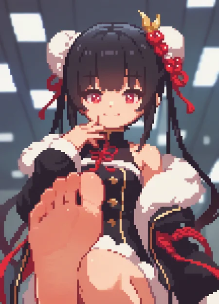 1girl,solo,red eyes,black hair,long hair,looking at viewer,smile,fur trim,hair bun,bare shoulders,hair ornament,bangs,off shoulder,double bun,closed mouth,jacket,twintails,sleeveless,hand up,blurry,sidelocks,black jacket,long sleeves,from below,low angle,ground level,foot focus,good feet,
<lora:sakuemonq-000011:1>, score_9, score_8_up, score_7_up, score_6_up, score_5_up,