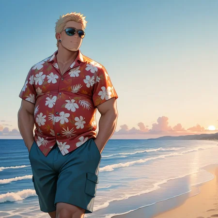 masterpiece, best quality, amazing quality, absurdres, newest, detailed background, definition so sharp, Ultra-HD, 8K cinematic, very awa, impressionate, amazing quality, highres,
solo, male focus, manly,
1boy, short hair, goatee, chubby, rikio_blonde, rikio_brown eyes, rikiokamamoto, sunglasses \(on face\), earrings, sideburns, shorts, Hawaiian shirt, beach, sunny, clear sky, blue ocean, relaxed, easygoing, cheerful, vacation, good vibes, walking, hands in pockets, carefree expression,