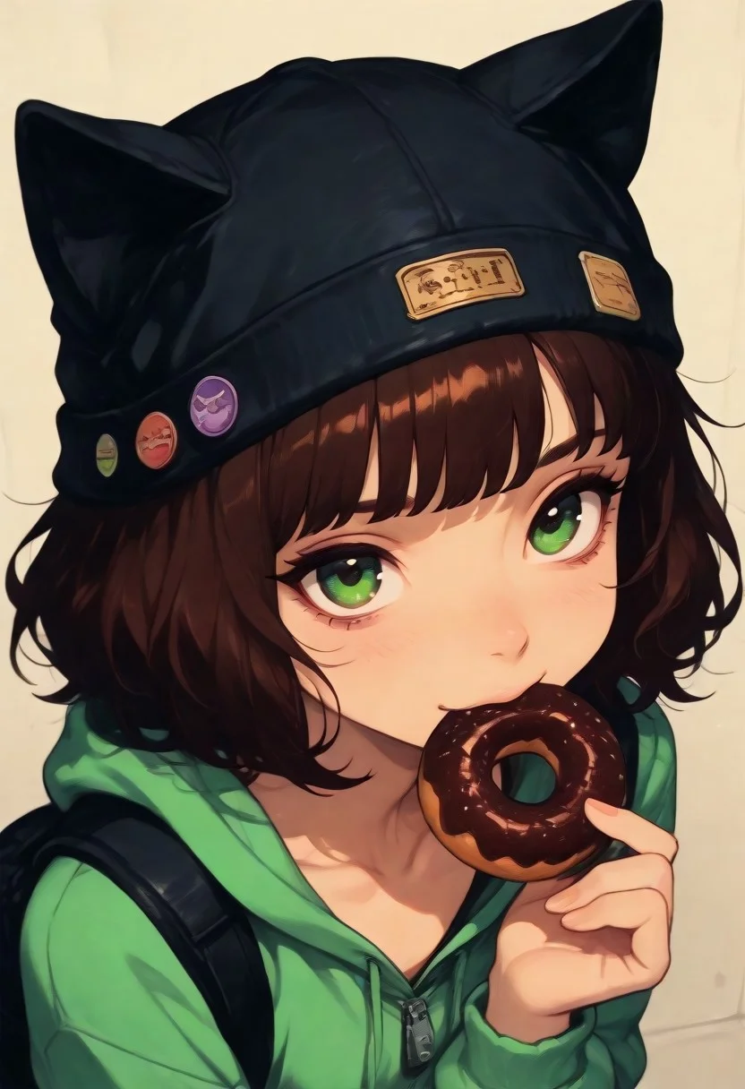 (Opening:0.0)
(score_9, score_8_up, score_7_up), (lazypos), masterpiece, amazing quality, perfect face, perfect eyes, detailed eyes, 4K, ultra-detailed, ((1 girl, solo)), (from chest to head, high angle, portrait), figure focus
(Girl:0.0)
slim body, fair skin, short messy dark brown hair, playful vibe, wearing black cap with cat ears and two colorful pins, mouth holding chocolate donut with rainbow sprinkles, visible collarbone, relaxed posture
(Clothes:0.0)
light olive green hoodie, hoodie slightly open at neck, visible backpack straps on shoulders
(Pose:0.0)
bending forward, elbows slightly bent, head tilted up, mouth biting donut, shoulders relaxed
(Scene:0.0)
plain beige wall background, soft natural lighting on her body, subtle shadows, blur background, cozy and playful atmosphere