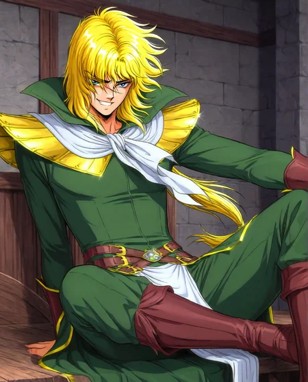 zodikki1, kurumada eyes, kurumada hair, GOHAXI, 1boy, male focus, blue eyes, hair over one eye, long hair, blonde hair, tied hair, white neckerchief, (gold shoulder armor, pteruges), (green tailcoat, high collar, gold trim), (pelvic curtain, gold trim), brown belts, solo, upper body, looking at viewer, masterpiece, best quality, absurdres, sitting down, cross legged, grin, smug, indoors, divan