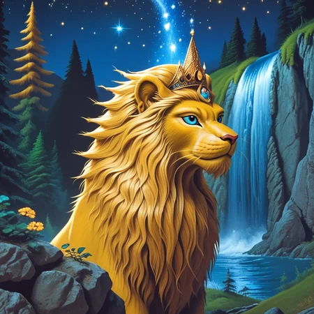 Score_9, score_8_up, score_7_up, score_6_up, BREAK <lora:Vintage_Wizard_Fantasy_illustration Pony:1> Vintage Fantasy illustration, The image is a digital illustration of a lion's head and neck. The lion is standing in front of a waterfall cascading down a rocky cliff in a mountainous landscape. The background is filled with tall trees and mountains and the sky is a deep blue with stars twinkling in the distance. The lion's fur is a golden color and its eyes are a piercing blue. It has a crown on its head which is a symbol of power and strength. The crown is made up of small gold jewels and is placed on top of its head. The overall mood of the image is mystical and majestic., no humans, night, sky, blue eyes, tree, nature, waterfall, star (sky), night sky, water