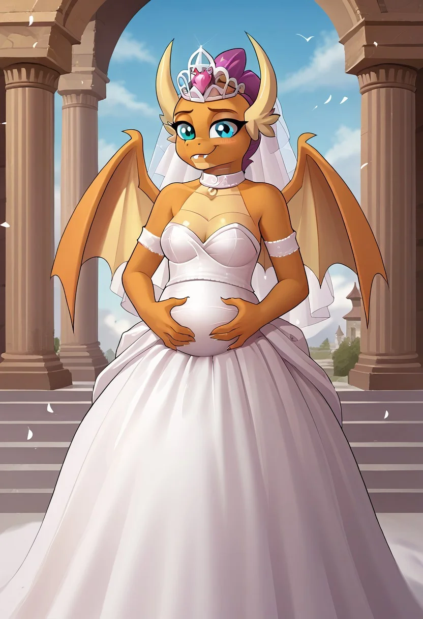 score_9, score_8_up, score_7_up, score_6_up, source_MLP, solo, from front,
smolder_mlp, orange scales, blue eyes, wedding dress, smiling, pregnant, medium breasts, hands on belly,
Temple background, by drako