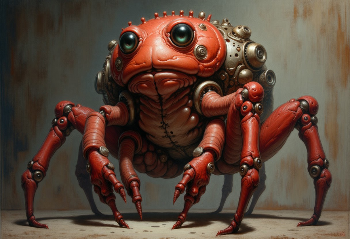 A biomechanical toad-like creature with a bloated red body, intricate gears and mechanical arms, huge glassy eyes, and steampunk prosthetics, standing in idle pose — highly detailed, hyperrealistic rendering, surreal fusion of flesh and metal