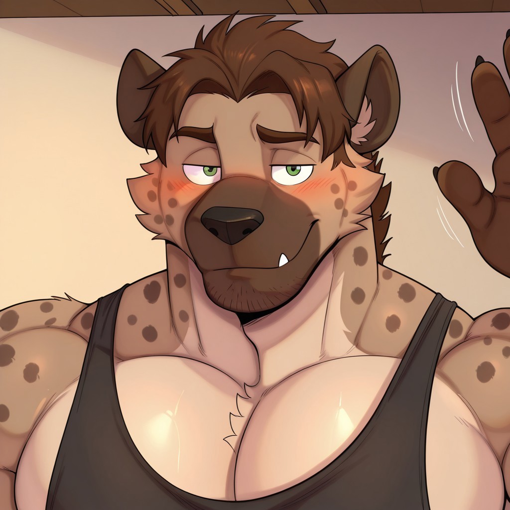 masterpiece, best quality, amazing quality, very aesthetic, absurdres, newest, high quality, detailed, high quality, detailed face, mature male, masculine, solo male, Felipe, stubble, manly, hyena boy, 1boy, mature male, anthro, anthro male, bara, muscular male, buff, green eyes, detailed eyes, athletic build, half lidded eyes, blush, indoors, black tank top, looking at viewer, shy, solo, brown hair, bust portrait, closeup, extremely detailed, big pecs, sidepecs, broad arms, broad shoulders, waving