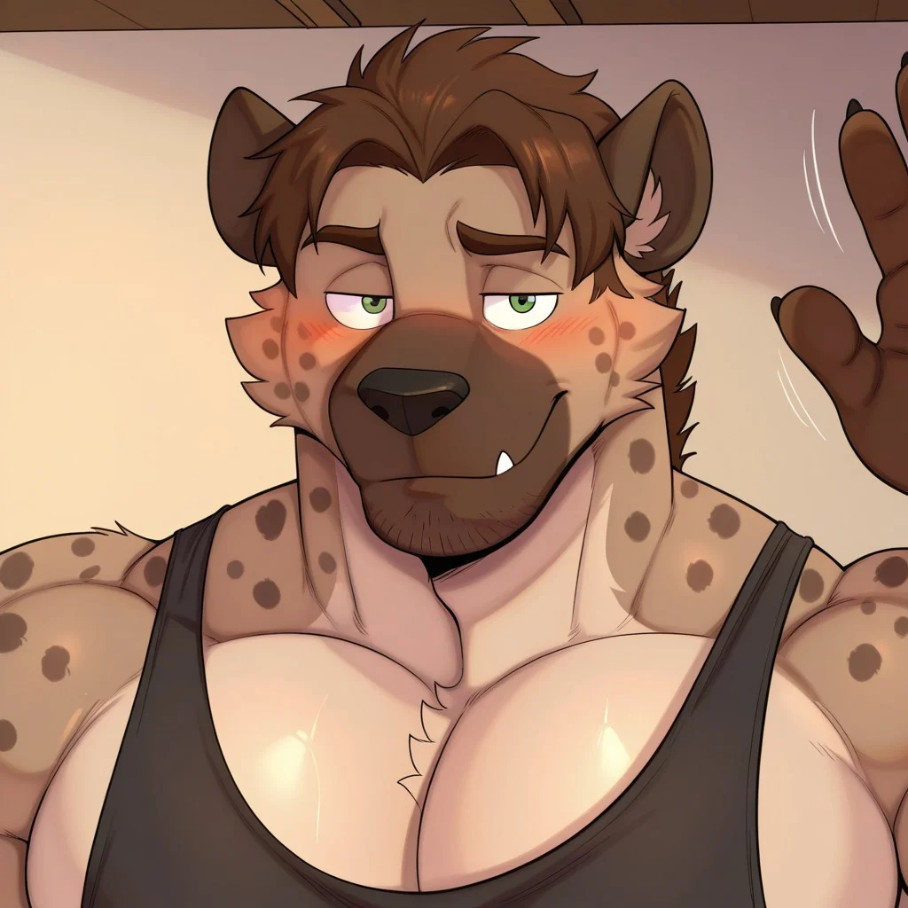 masterpiece, best quality, amazing quality, very aesthetic, absurdres, newest, high quality, detailed, high quality, detailed face, mature male, masculine, solo male, Felipe, stubble, manly, hyena boy, 1boy, mature male, anthro, anthro male, bara, muscular male, buff, green eyes, detailed eyes, athletic build, half lidded eyes, blush, indoors, black tank top, looking at viewer, shy, solo, brown hair, bust portrait, closeup, extremely detailed, big pecs, sidepecs, broad arms, broad shoulders, waving