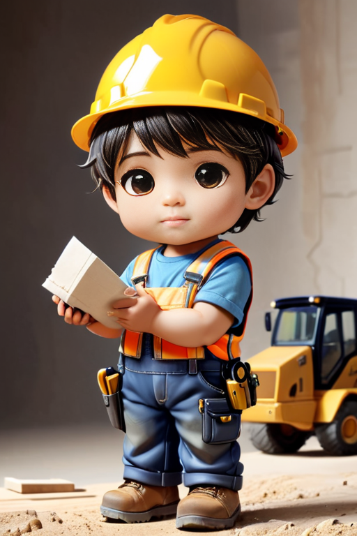 A little construction worker, chibi construction worker, construction workerwith , cute, <lora:zhibi:.8> little, tiny , chibi construction workercute, photorealistic, construction workerwith a  in his hand,