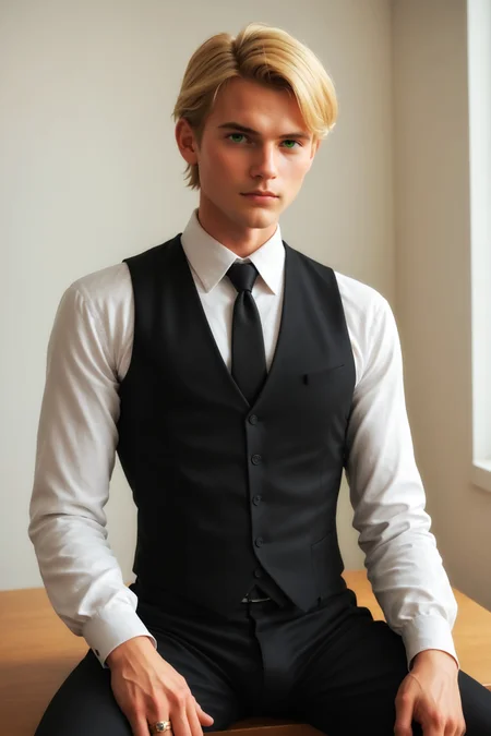 score_9, score_8_up, score_7_up, masterpiece, high quality, solo, 23 years old, imtdflixfathomgrahamdevanily, 1boy, male, blonde hair, vest, black vest, short hair, white collared shirt, necktie, green eyes, long sleeves, black pants, formal, ring, sitting, serious, seductive look, looking at viewer, toned body
