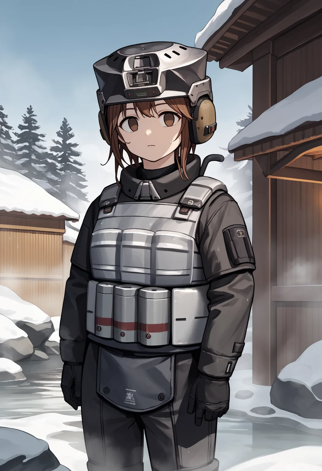 score_9, score_8_up, score_7_up, source_anime BREAK 1girl, solo, <lora:soldierow_lumi-nikke-richy-v1_pdxl:0.9> sdlrrow, brown eyes, brown hair, short hair, bangs, helmet, black jacket, bulletproof vest, tactical clothes, black gloves, black pants, looking at viewer, empty eyes, standing, closed mouth, onsen, winter, snow, cold