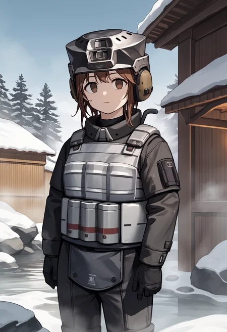 score_9, score_8_up, score_7_up, source_anime BREAK 1girl, solo, <lora:soldierow_lumi-nikke-richy-v1_pdxl:0.9> sdlrrow, brown eyes, brown hair, short hair, bangs, helmet, black jacket, bulletproof vest, tactical clothes, black gloves, black pants, looking at viewer, empty eyes, standing, closed mouth, onsen, winter, snow, cold