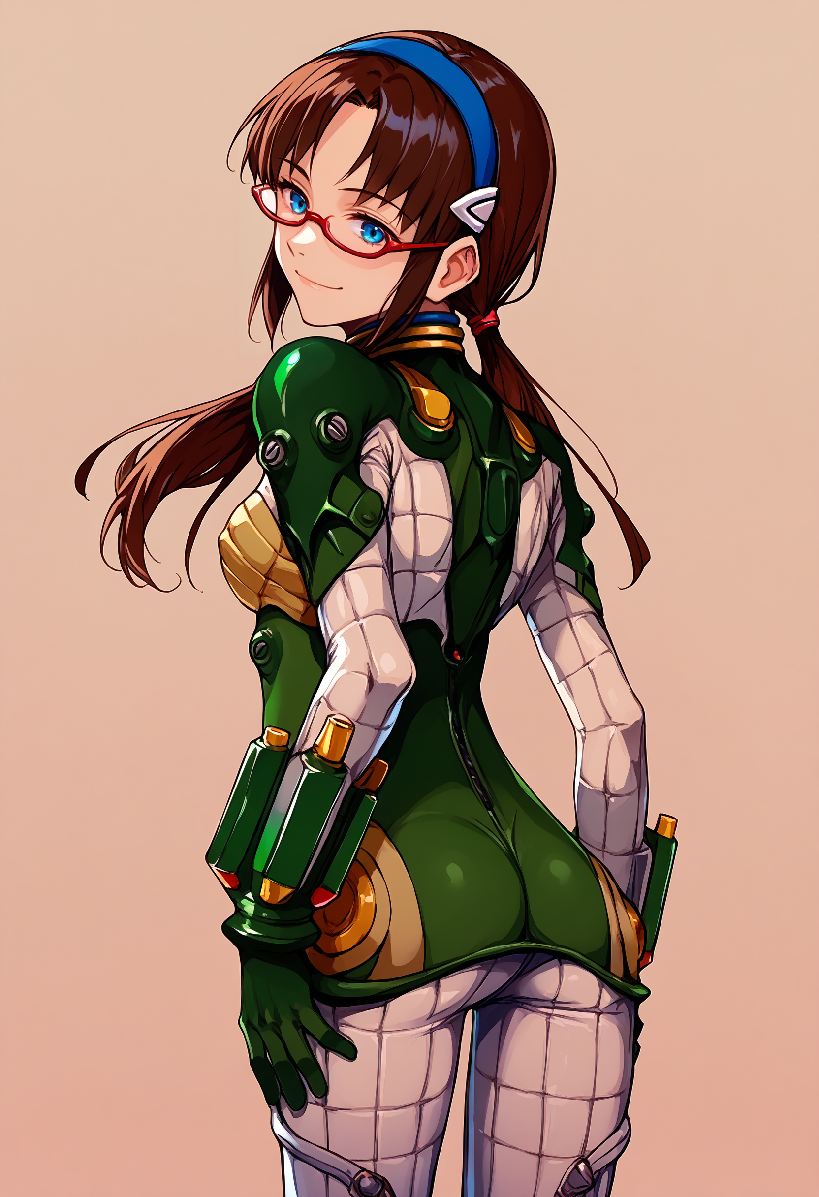 score_9,  score_8_up, <lora:Degen_Mari_Green_v1:.9> mari-green,  from behind, hairband, red-framed eyewear, green plugsuit, bracer, shldrhrness, quilted bodysuit, brown hair, blue eyes, cowboy shot, light smile, looking back <lora:tokeiUsagiArtistStyle_v10:1>