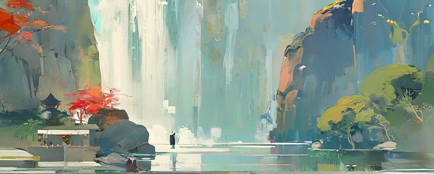 chinese buliding,temple,guofeng,(pond:0.8),sunkilow,concept art,waterfall come from the mountain top,panorama,long shot,(reflection light:0.8),masterpiece,best quality,high quality,high details,UHD,gloomy,(low saturation:0.4),artstation,(oil painting:0.8),bichu,<lora:Vcu;SDXL:0.6>,<lora:bichu230728-000006_0.5+bichu230729-000008_0.5:0.4>,<lora:gloomyXL:0.6>,(style of Pascal Campion:0.2),(style of Colin Campbell Cooper:0.4),