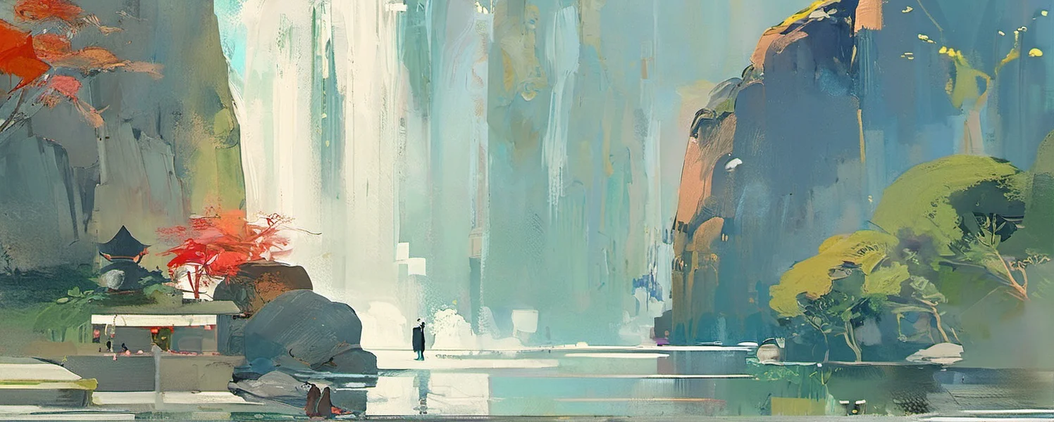 chinese buliding,temple,guofeng,(pond:0.8),sunkilow,concept art,waterfall come from the mountain top,panorama,long shot,(reflection light:0.8),masterpiece,best quality,high quality,high details,UHD,gloomy,(low saturation:0.4),artstation,(oil painting:0.8),bichu,<lora:Vcu;SDXL:0.6>,<lora:bichu230728-000006_0.5+bichu230729-000008_0.5:0.4>,<lora:gloomyXL:0.6>,(style of Pascal Campion:0.2),(style of Colin Campbell Cooper:0.4),