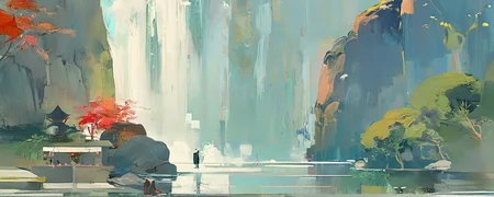 chinese buliding,temple,guofeng,(pond:0.8),sunkilow,concept art,waterfall come from the mountain top,panorama,long shot,(reflection light:0.8),masterpiece,best quality,high quality,high details,UHD,gloomy,(low saturation:0.4),artstation,(oil painting:0.8),bichu,<lora:Vcu;SDXL:0.6>,<lora:bichu230728-000006_0.5+bichu230729-000008_0.5:0.4>,<lora:gloomyXL:0.6>,(style of Pascal Campion:0.2),(style of Colin Campbell Cooper:0.4),