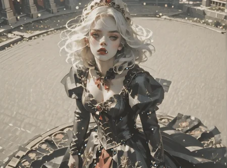 score_9, score_8_up, score_7_up, Fighting scene, shot from above, looking up against all odds, woman, pale skin, large breasts, <lora:sm0k3XLP:1>, <lora:goth_clothes:1>, vampire dress, black details, red lining, Long white hair, young face, <lora:Our_Muted_Future_Style:1>, <lora:lora:1> Fantasy Art Deco,