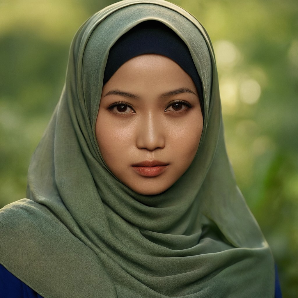 A photo-realistic image,  woman, malay, green hijab,blue blouse, nature background, highly detailed, natural skin complexion, textured skin, natural light, golden hour, black inner cap, dark brown eyes