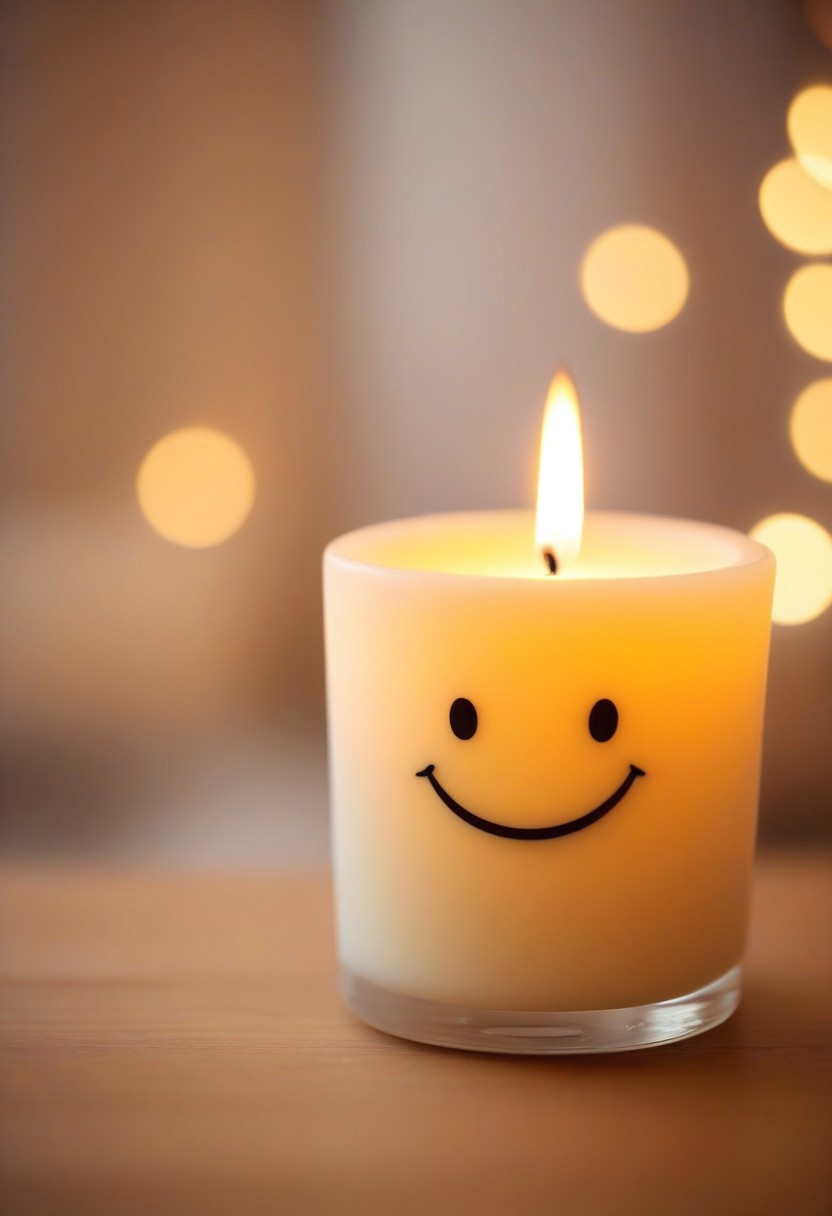 Adorable handmade candle, with a kawaii smiley label, soft bokeh lights from a cozy room, warm and inviting super cute wallpaper,  bokehmachine, blurry background, heart bokeh