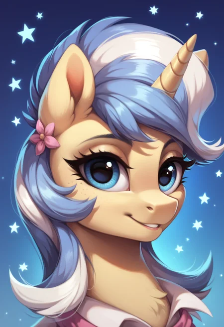 score_9, score_8_up, score_7_up, score_6_up, score_5_up, score_4_up, my little pony, ((feral pony)), 1girl, ((solo)), (sexy),beautifully detailed, (detailed cute pony face), ((detailed blue starry background:1.5)), ((woman)), high angle, (cute smile:1.0), ((up-close)) 1girl, ((solo)), (sexy), full body, <lora:Upper Crust:1>Upper Crust, unicorn
<lora:OtherStyle_01:1> <lora:Wholesome_MLP-v1.0:1>