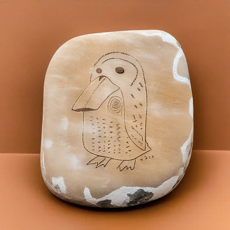 photograph of a wassie petroglyph stone, of a stone with an etching of a (wassie:1.2), (flat white background:1.5), <lora:231117_newmantagwassersv2:0.9>
