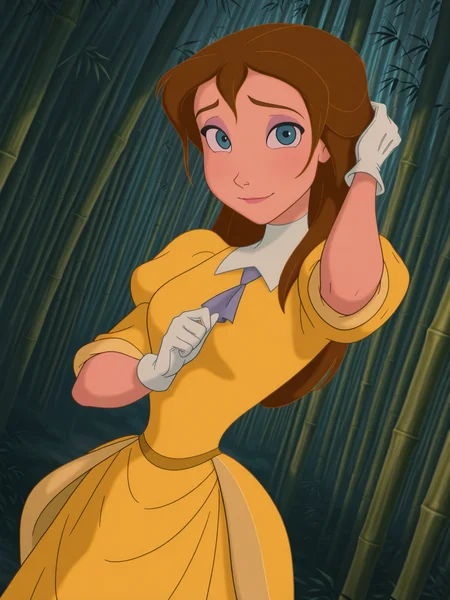 (anime screencap:1.2), background,
1girl, medium breasts, (JaneXL:1.1), long hair, brown hair, blue eyes, yellow dress, puffy sleeves, white gloves, skirt, makeup,
light smile, dutch angle, shy pose, shy, looking at viewer, bamboo forest, nature, daylight, portrait, dynamic pose, cowboy shot, from side, one hand on hair,
 <lora:JanePorterXL_Character:1>