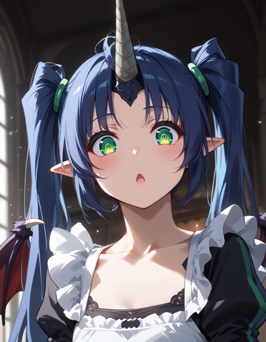 score_9, score_8_up, score_7_up, score_6_up, source_anime, absurdres, highres, official art, uncensored, lineart, 
sharp focus, character focus, (close-up, face focus:1.2), from side,
beelzebub \(the seven deadly sins\), 1girl, solo, blush, surprised,
demon girl, demon wings,
pointy ears, long hair, twintails, green eyes, blue hair, single horn, parted bangs,
looking at viewer, (half-closed eyes:0.7), 
black dress, frilled apron, frills, white apron,  dynamic angle,
luxury castle hall, indoors, night,
rising particles, glowing particles, depth of field, dark theme, <lora:AuraGlow_Style_v1:1.0> <lora:Beelzebub__Sin_Nanatsu_no_Taizai_r1:0.9>