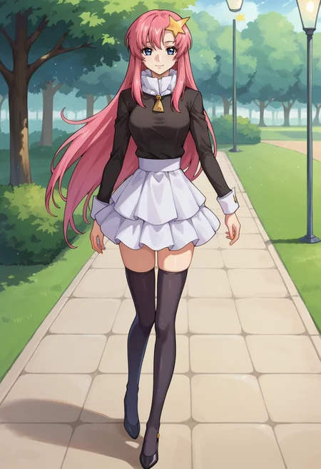 score_9,score_8_up,score_7_up,score_6_up,score_5_up,score_4_up,anime coloring,source_anime,anime,<lora:Lacus_Meer_Gundam_SEED_Pony:0.8>,lacusmeer,1girl,solo,blue eyes,pink hair,long hair,star hair ornament,black shirt,frilled skirt,black thighhighs,black high heels,smile,walking,park,looking at viewer,