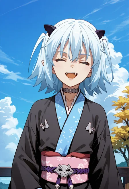 score_9,score_8_up,score_7_up,source_anime, Shiroyasha,1girl,solo,smile,open mouth,long sleeves,closed eyes,horns,sky,japanese clothes,choker,day,fang,cloud,wide sleeves,kimono,blue sky,two side up,sash,obi,black kimono,