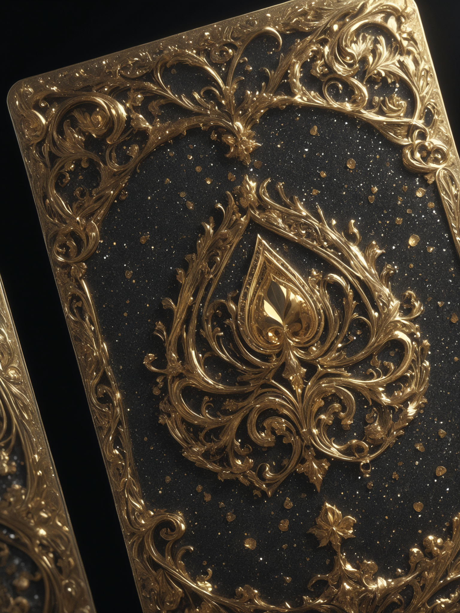 playing cards made with gold and diamonds, glitter on the black background, 3d render, cinematic, product, conceptual art, vibrant

epic action, Unreal Engine, cinematic award winning artwork, many details, extreme detailed, full of details,Wide range of colors., dramatic, Dynamic,Cinematic,Sharp details, Insane quality. Insane resolution. Insane details. Masterpiece. 32k resolution. casting shadow style, cucoloris patterned illumination,  dvr-lnds-sdxl, ral-dissolve, ral-ertmsphr, ral-porcelain, ral-pxlprtcl, Niji, aidma-niji