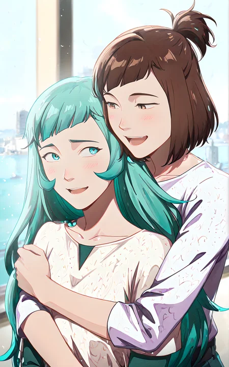 ((Masterpiece, Ultra Detail, Best Quality, Anatomically Correct))
2girl hugging each other, happy looking, facing eachother
<lora:Mist_Pantheon:1> M1st, 1girl, aqua eyes, aqua hair, long hair, bangs
<lora:Maddie_Kim:1> M4dd13K1m, 1girl, short hair, brown hair, brown eyes, short ponytail