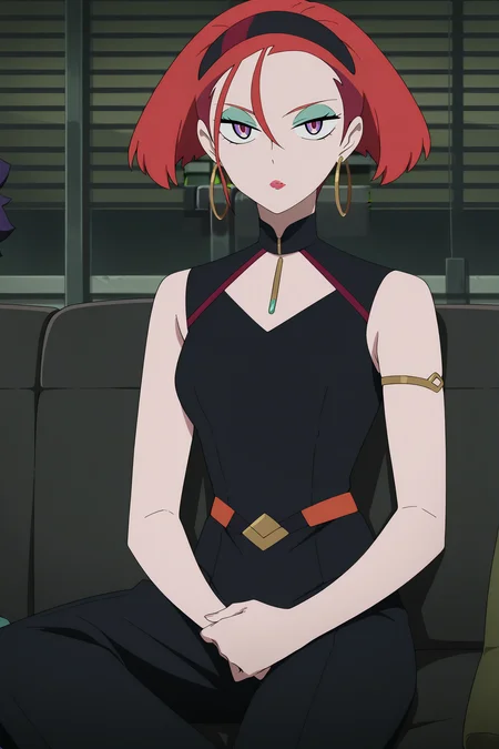 volumetric lighting, official style, amazing quality, ultra detailed, highres, detailed background, anime screenshot, anime screencap, anime coloring, masterpiece, detailed face,1girl   <lora:Annqi__v3:0.9>Annqi, jewelry, earrings, hairband, purple and orange eyes, makeup, hoop earrings, red hair,  black dress, armlet,  indoors, dress, sleeveless, short hair, looking at viewer, lipstick, black hairband, eyeshadow, couch, closed mouth, sitting, sleeveless dress, hair between eyes
