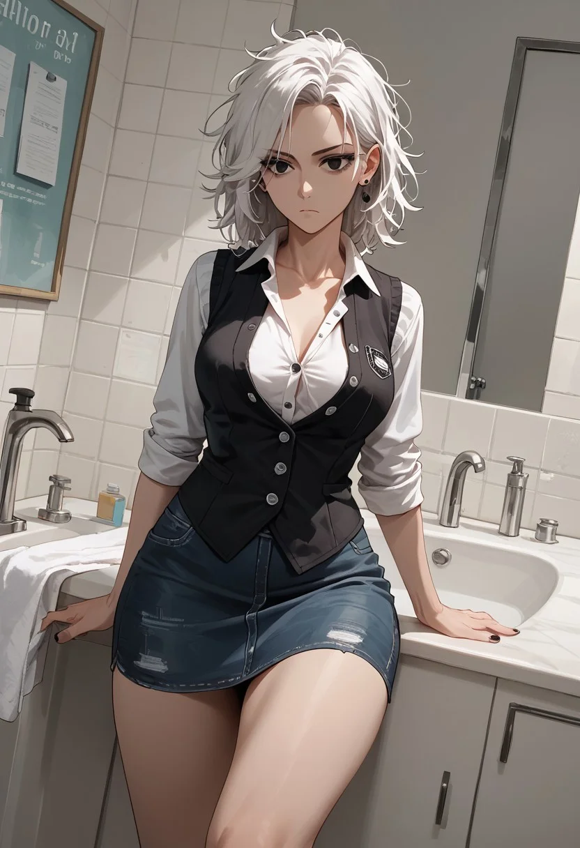 score_9, score_8_up, score_7_up, 36 years old, milf, mature, zPDXL3, medium breasts, medium hair, messy hair, (goth:1.1), white hair, black eyes,
white shirt, black vest, unbuttoned vest, buttons,denim skirt, black skirt,feet, rolled up sleeves,
bored, bathroom, sink, counter, standing,
dutch angle,