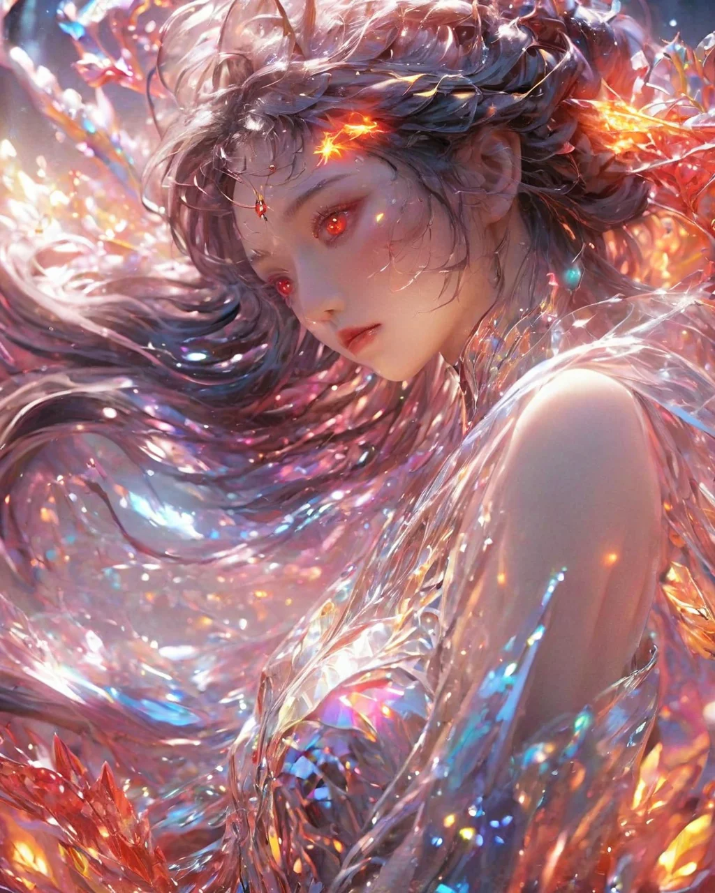 (super clear picture quality:1.8),masterpiece,best quality,
ultra-realistic mix fantasy,flood dragon,a mythical creature capable of invoking storms and floods,in the style of dark azure and light azure,mixes realistic and fantastical elements,vibrant manga,uhd image,glassy translucence,vibrant illustrations,ultra realistic,jewelly,shawls,light In eyes,red eyes,firefly,bokeh,mysterious,fantasy,cloud,abstract,colorful background,night sky,flame,very detailed,high resolution,sharp,sharp image,4k,8k,masterpiece,best quality,magic effect,(high contrast:1.4),dream art,diamond,mysterious colorful background,dark blue themes,real,<lora:xl-holographic-å
¨æ¯V20:0.6>,holographic,an oriental dragon,inhuman,holographic metal,machine,<lora:ä¸äº«å¤æ¨¡_v3.0:1>,<lora:ä¸äº«ç¹æ_XL_LORA_v3.0:0.5>,<lora:ä¸äº«å¤æ¨¡_v3.0:0.35>,the perfect hand,perfect face,