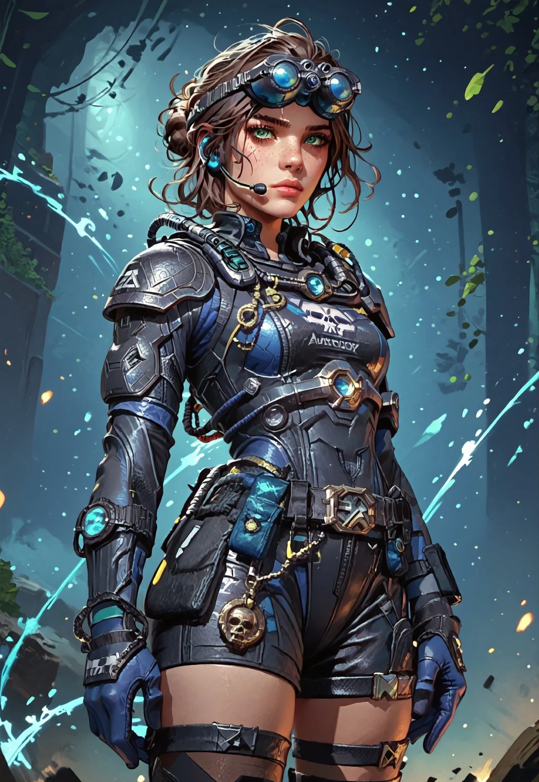 ((zPDXL3)), ((masterpiece,best quality, highly detailed)), ((score_9)), score_8_up, score_7_up, score_6_up, score_5_up, score_4_up, Digital painting style, brushstrokes, ((EnhanceImage)), solo, 1girl, AliasDeepDCODXL, green eyes, brown hair, short hair, sidelocks, single hair bun, headset, googles on head, medium breasts, black armor, shoulder pads, blue bodysuit, black bodysuit, multicolored bodysuit, skull print, blue gloves, black belt, black shorts, black thighhighs, black boots,
Expressiveh, 30yo, adult lustful confident woman, petite, slender body, perky saggy natural breasts, full lips, bangs, sidelocks, straps,
chinese magical sorceress, animated, swirling magic, wisps of magic, dancing pose, tight squeezed outfit, magical accessories, evoking motion, conveying motion, dynamic splash art,
<lora:PainterlyFantasiaPDXL:0.6>,